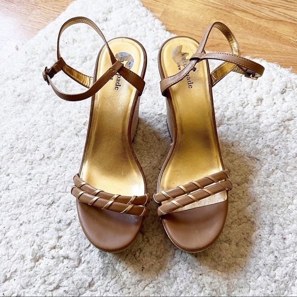 Kate Spade Tan Metallic Gold Straw Block Platform Wedge Sandals Size 7.5 - Picture 2 of 11